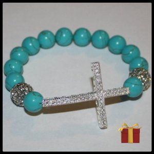 Sterling Silver Sideways Cross Bracelet with Pave